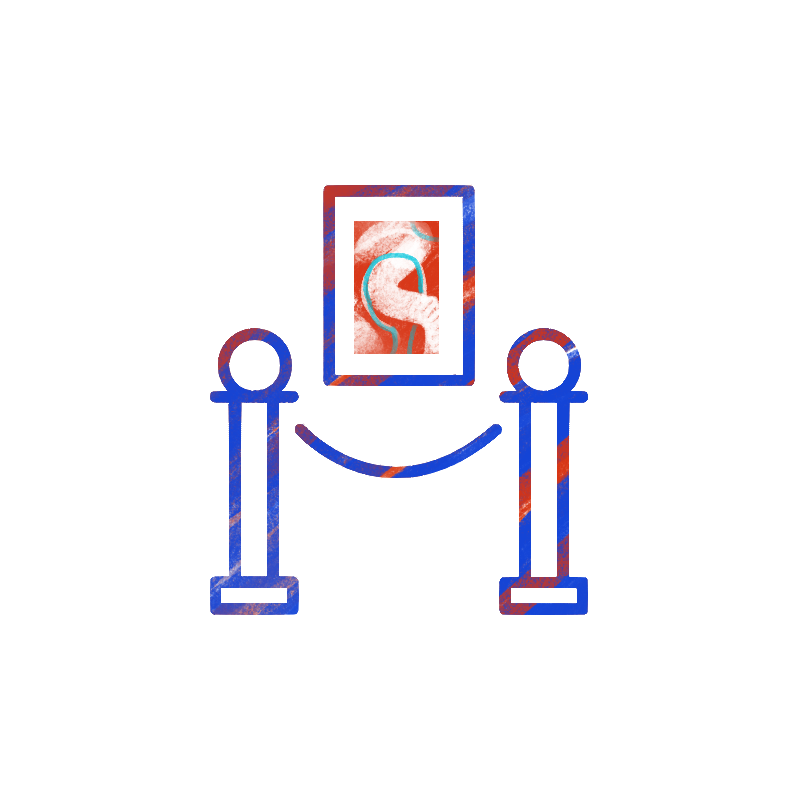 Gallery curation icon showing a framed artwork with chain and pole barriers in front